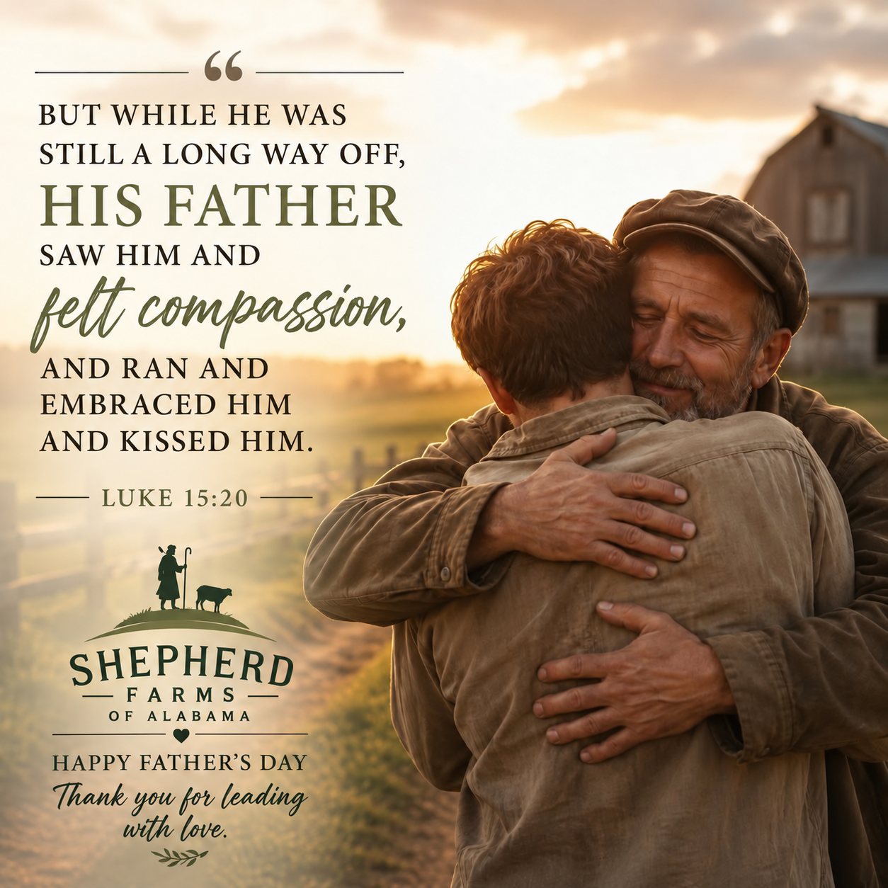 Father’s Day graphic: a father embracing his son, Luke 15:20, and Shepherd Farms of Alabama