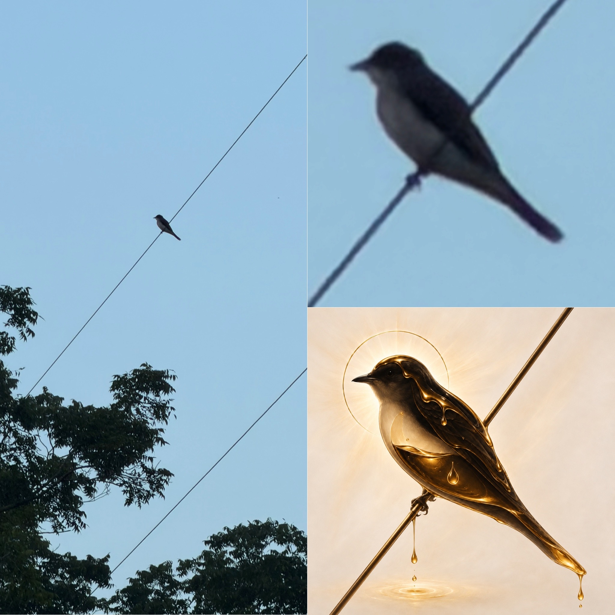 Misti’s collage: a bird perched on a wire, a close-up, and a golden artistic interpretation of the bird carrying oil